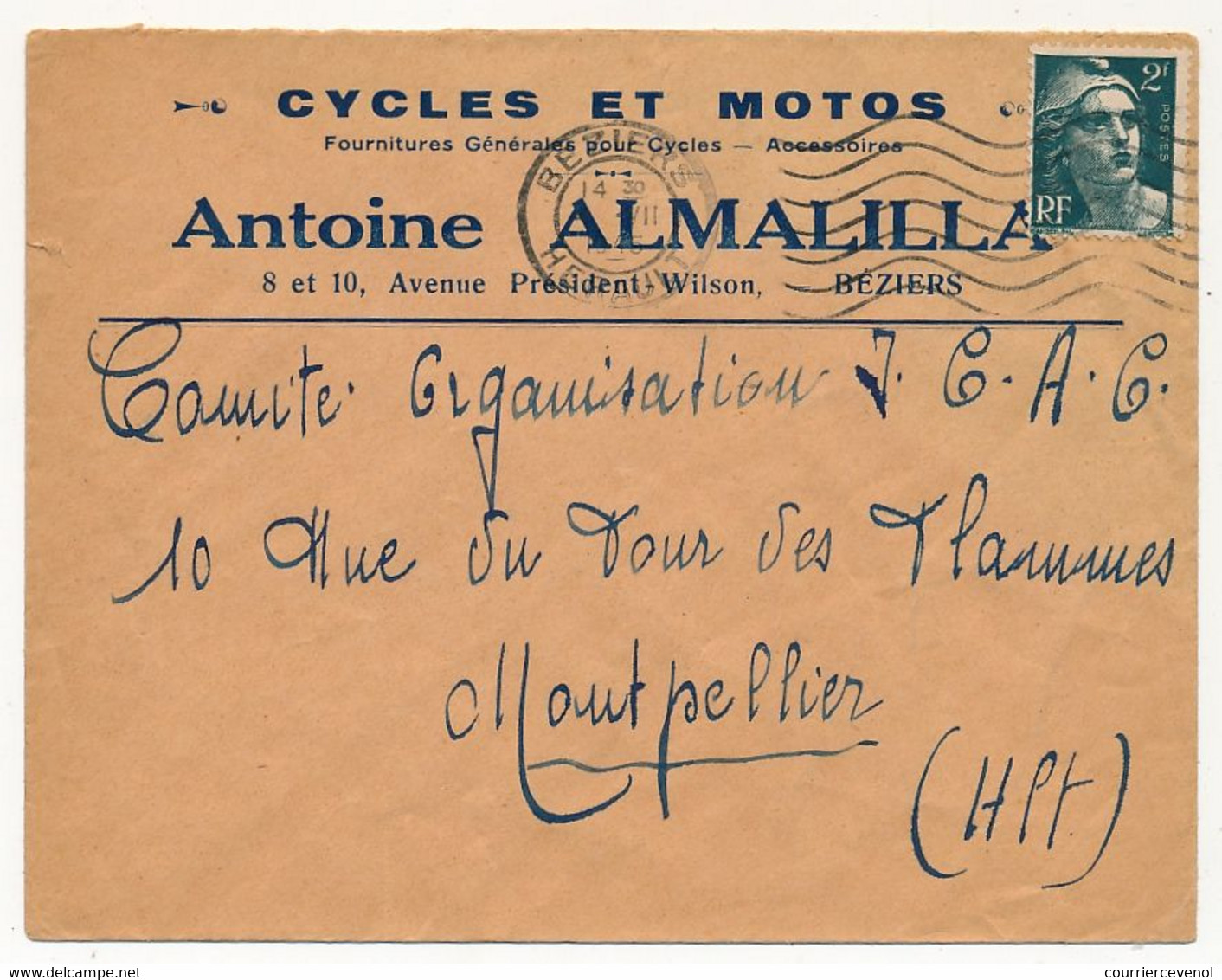 FRANCE - Env. En-tête "Cycles Et Motos Antoine ALMALILLA - Béziers" Affr 2F Gandon - 1946 - Automobile