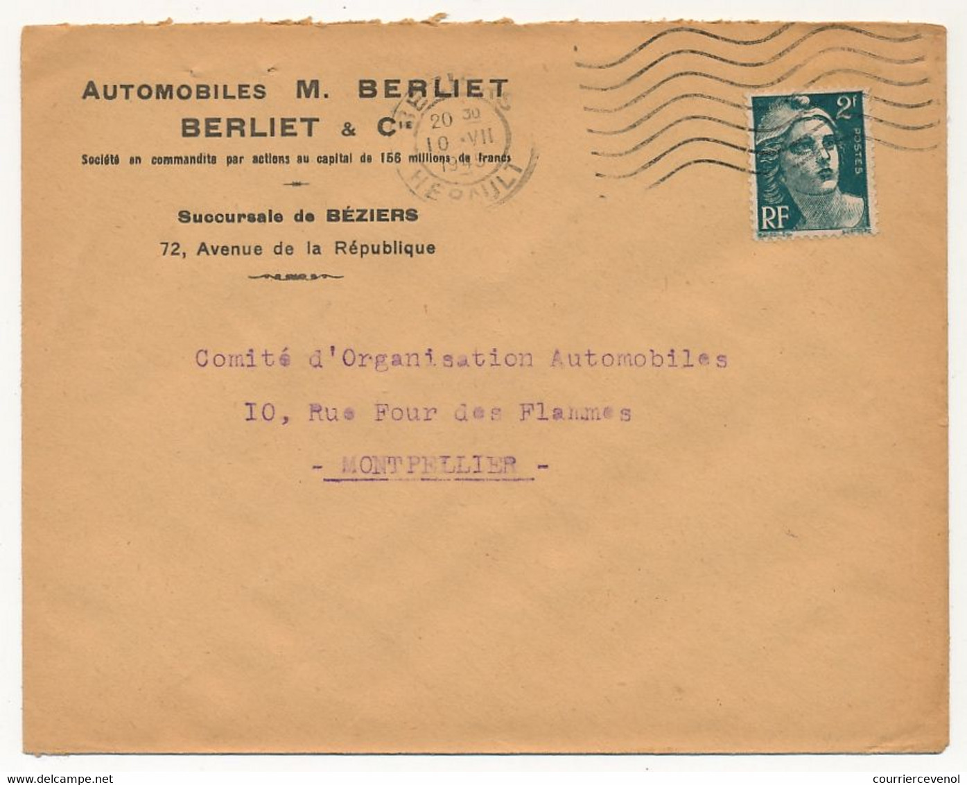 FRANCE - Env. En-tête "Automobiles M. Berliet - Berliet & Cie - Succursale De BEZIERS" Affr 2F Gandon - 1945 - Automobile