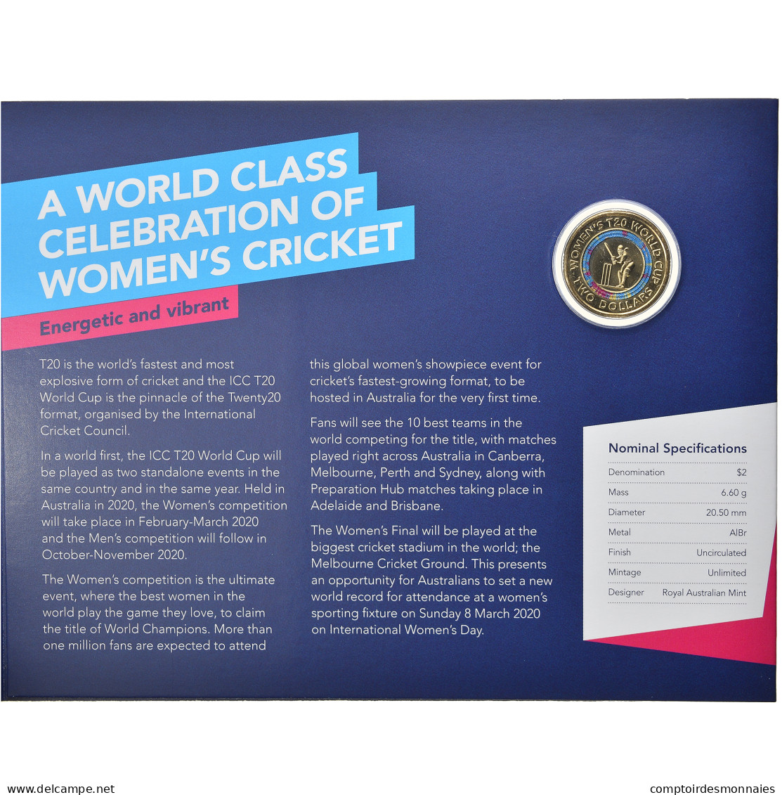 Monnaie, Australie, ICC Women's T20 World Cup, 2 Dollars, 2020, FDC - 2 Dollars