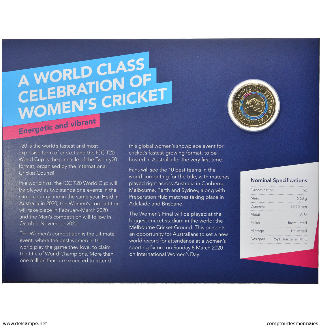 Monnaie, Australie, ICC Women's T20 World Cup, 2 Dollars, 2020, FDC - 2 Dollars