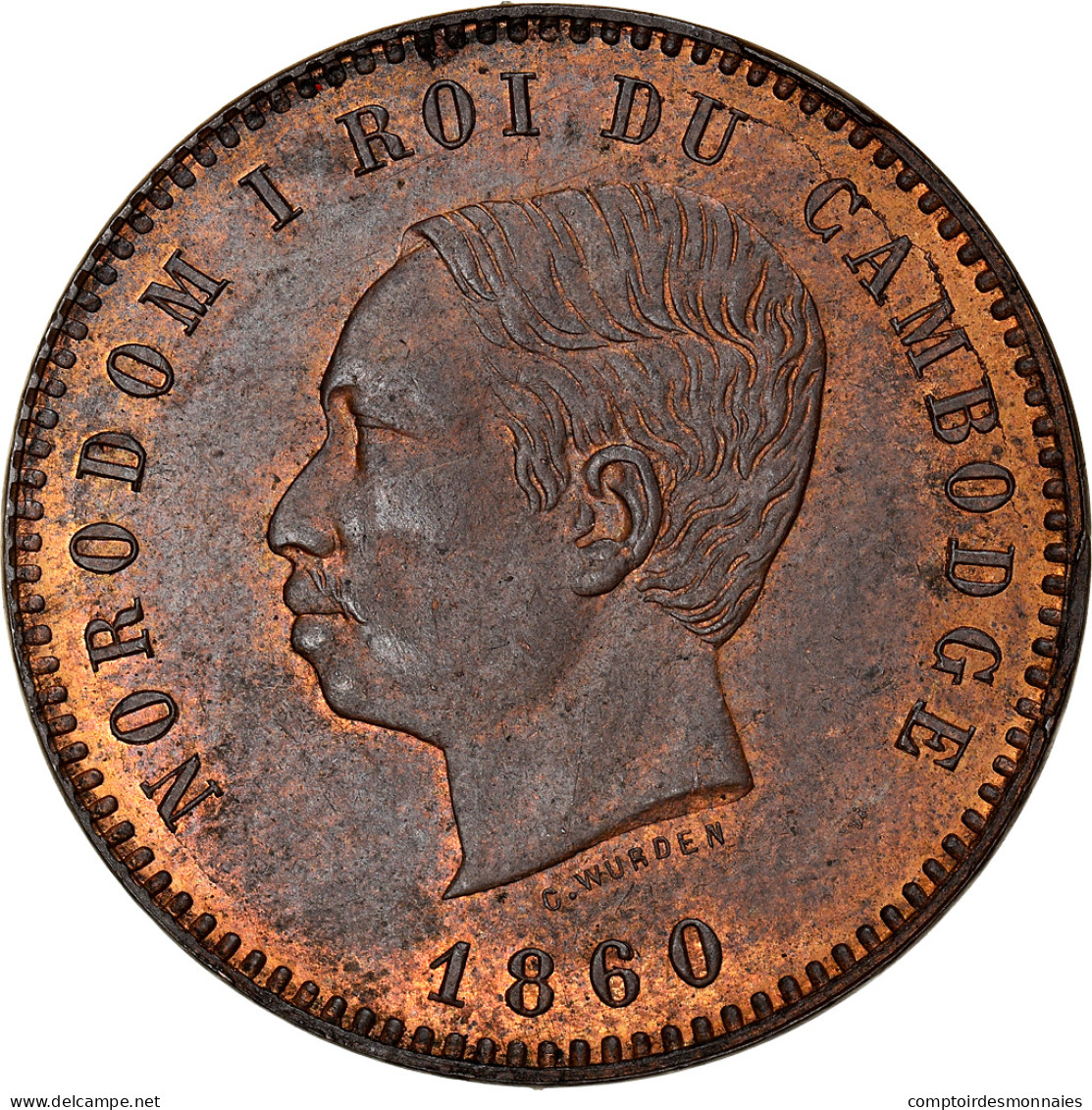 Monnaie, Cambodge, Norodom I, 10 Centimes, 1860, SPL, Bronze, KM:M3, Lecompte:23 - Camboya