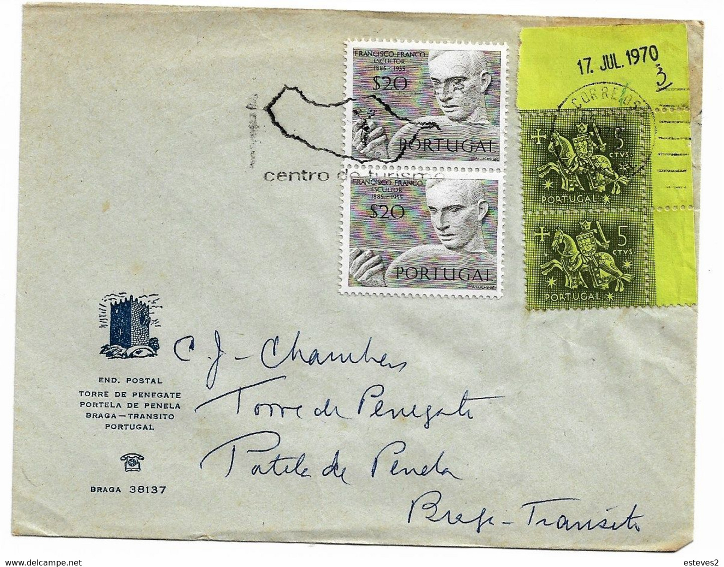 Portugal , 1972 Centro De Turismo Madeira Funchal  And Carreiras Do Eirado Vila Verde Postmarks , Torre Penegate - Marcophilie