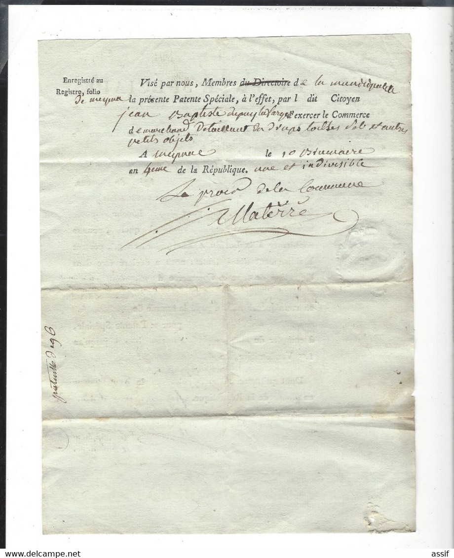 Corrèze Meymac An 4 Patente Spéciale Pour Dupuy Lafarge , Marchand Détaillant De Toiles Et Autres Objets - Historical Documents