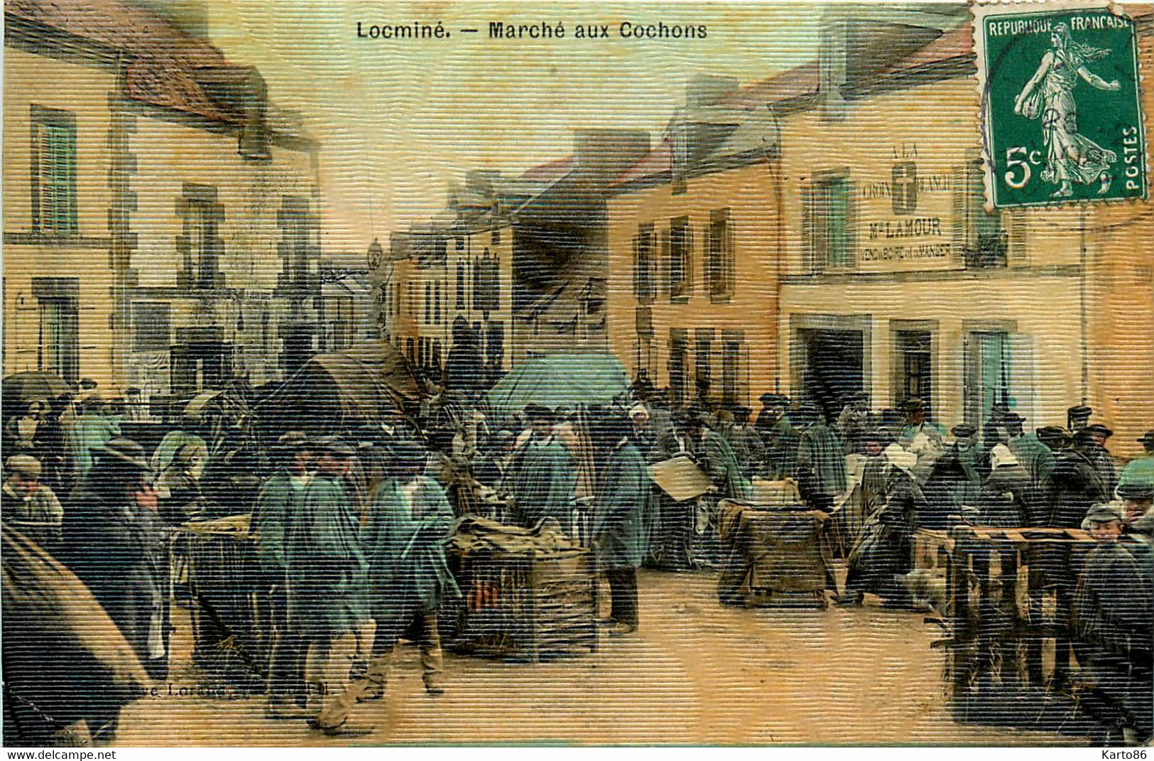 Locminé * Le Marché Aux Cochons * Marchands Foire * Auberge A LA CROIX BLANCHE , LAMOUR * Cpa Toilée Colorisée - Locmine