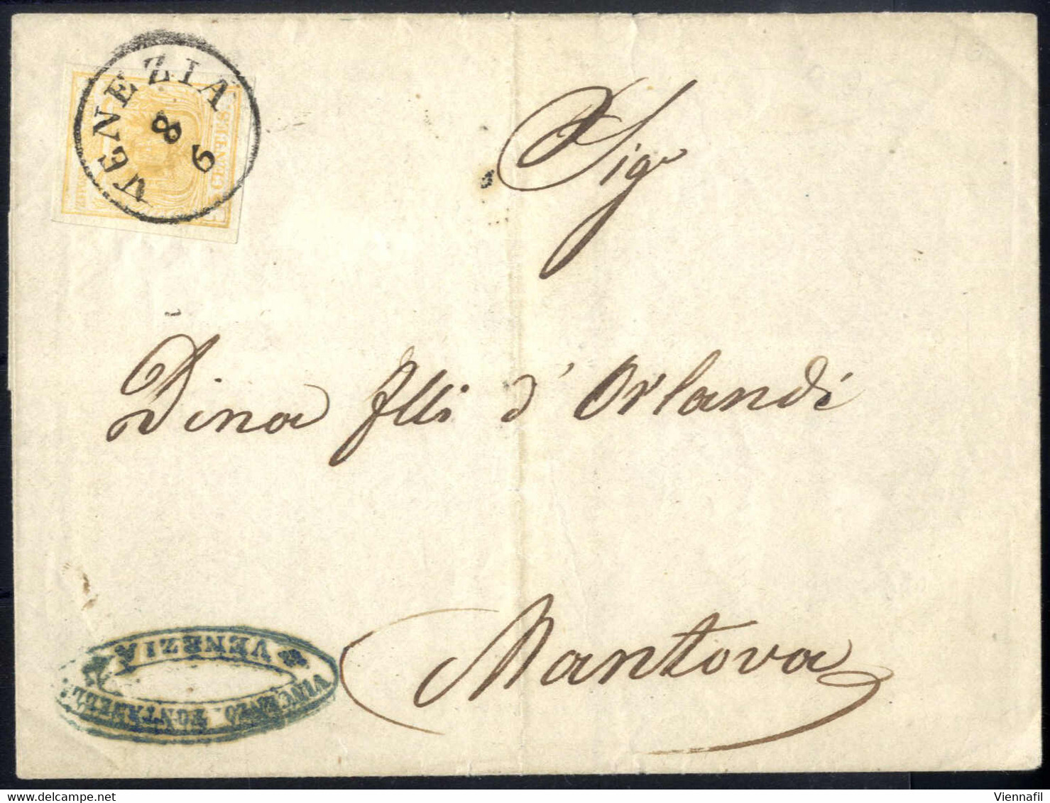 Cover 1854, 5 Cent. Giallo, Circolare Da Venezia A Mantova, Sass. 1 / 750,- - Lombardy-Venetia