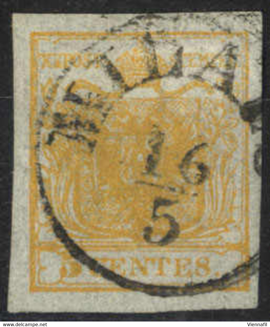 O 1850, 5 Cent. Giallo Arancio, Carta A Seta, Cert. Goller (Sass. 1g) - Lombardy-Venetia