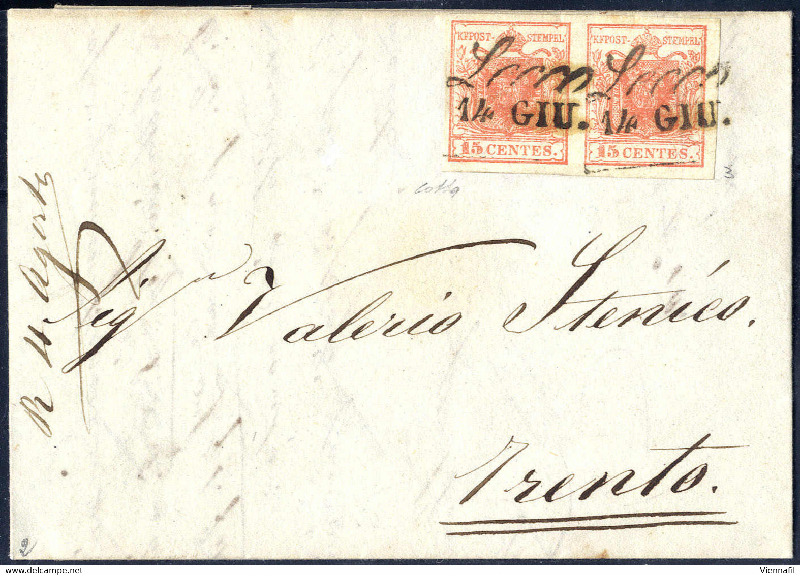 Cover 1850, 15 Cent. Rosso, Coppia Su Lettera Da Lecco, Firm. Colla (Sass. 3 - ANK 3HI) - Lombardy-Venetia