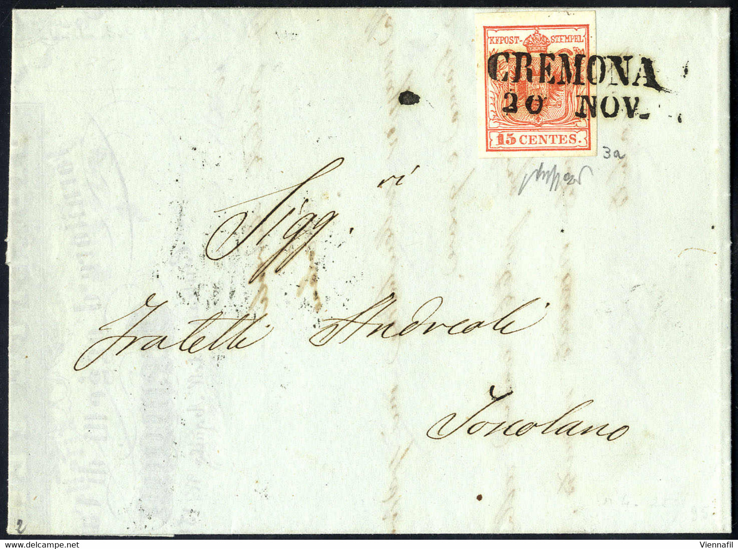 Cover 1850, 15 Cent. Rosso, Prima Tiratura, Su Lettera Da Cremona, Firm. Caffaz (Sass. 3a - ANK 3HI Erstdruck) - Lombardije-Venetië