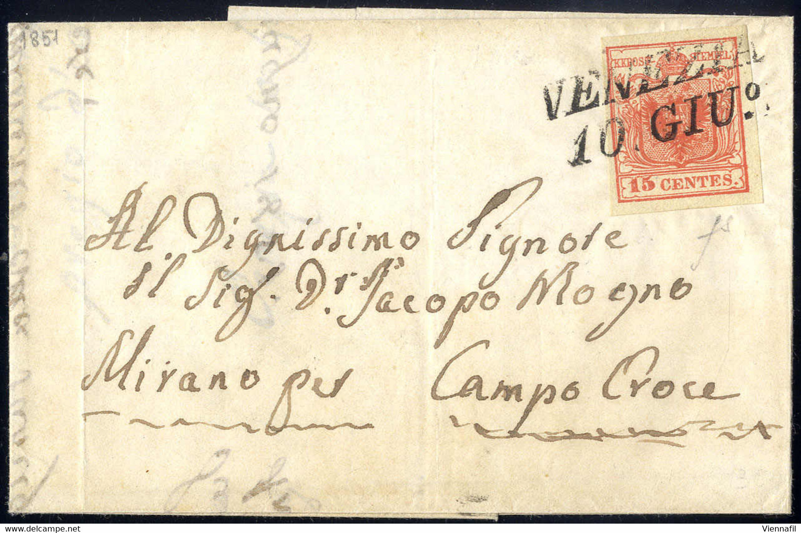 Cover 1850, 15 Cent. Rosso Vermiglio II° Tipo (carta A Mano) Con Piega Naturale Di Carta Su Lettera Da Venezia 10.Giu.,  - Lombardo-Veneto