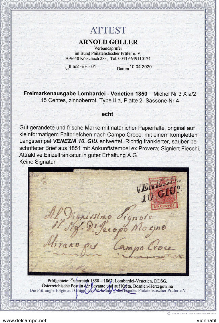 Cover 1850, 15 Cent. Rosso Vermiglio II° Tipo (carta A Mano) Con Piega Naturale Di Carta Su Lettera Da Venezia 10.Giu.,  - Lombardo-Veneto