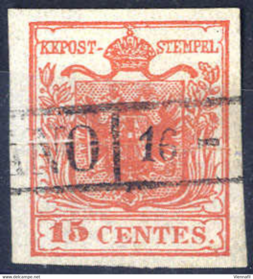 O 1854, "Pieghe Di Carta", 15 Cent. Rosso Vermiglio, Usato (Sass. 4) - Lombardo-Vénétie