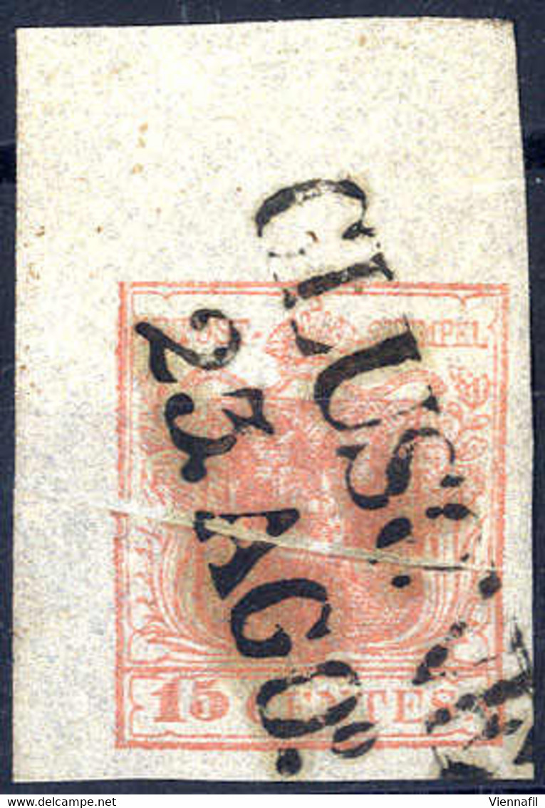 O 1854, "Pieghe Di Carta", 15 Cent. Rosa Carminio, Secondo Tipo, Largo Angolo Di Foglio Con Vistosa Piega Obliqua Di Arr - Lombardo-Veneto