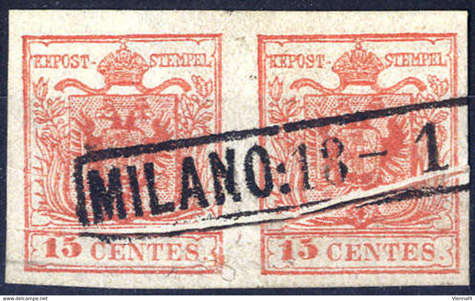 O 1854, "Pieghe Di Carta", 15 Cent. Rosso, Coppia Con Duplice Piega Su Entrambi Gli Esemplari Con Vistosa Deformazione D - Lombardije-Venetië