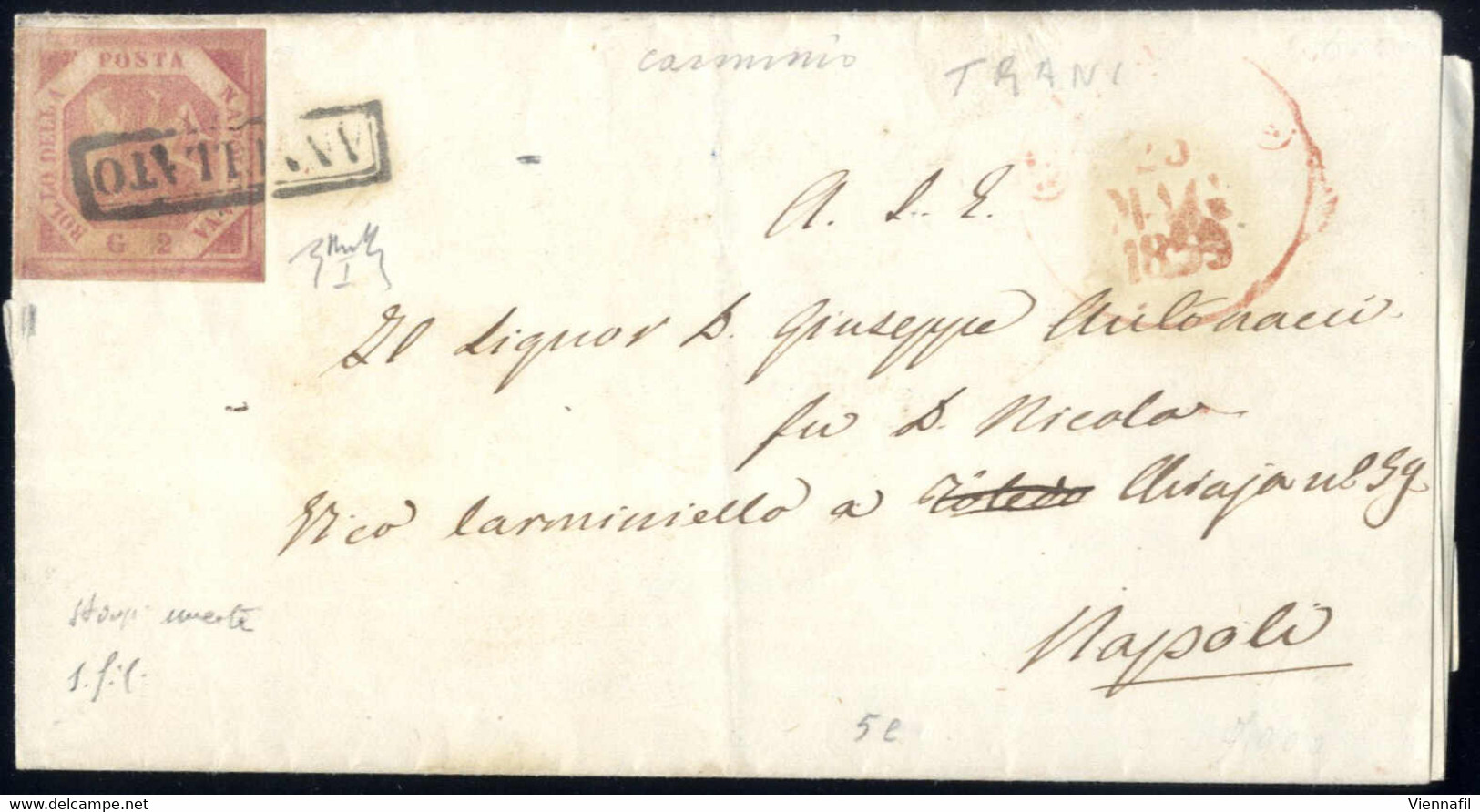 Cover 1859, Lettera Da Trani Il 27.5 Per Napoli  Affrancata Con 2 Gr. Carminio I Tavola, Firmata Chiavarello, Sass. 5 - Neapel