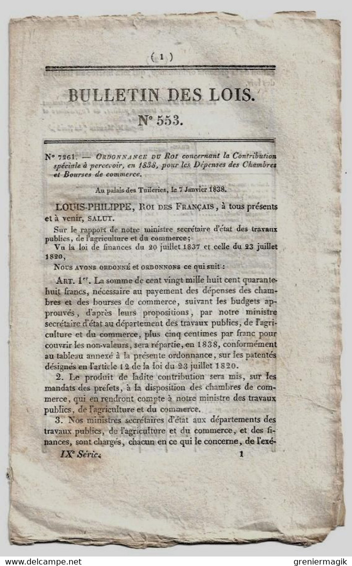 Bulletin Des Lois N°553 1838 Commissariat De Police De Collioure, Saint-Gervais (Hérault) Et Du Beausset (Var)/Crédits - Décrets & Lois