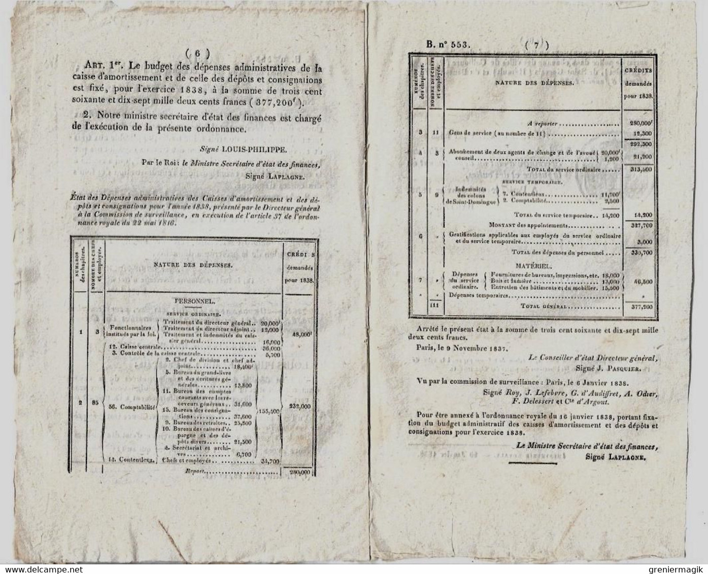 Bulletin Des Lois N°553 1838 Commissariat De Police De Collioure, Saint-Gervais (Hérault) Et Du Beausset (Var)/Crédits - Décrets & Lois