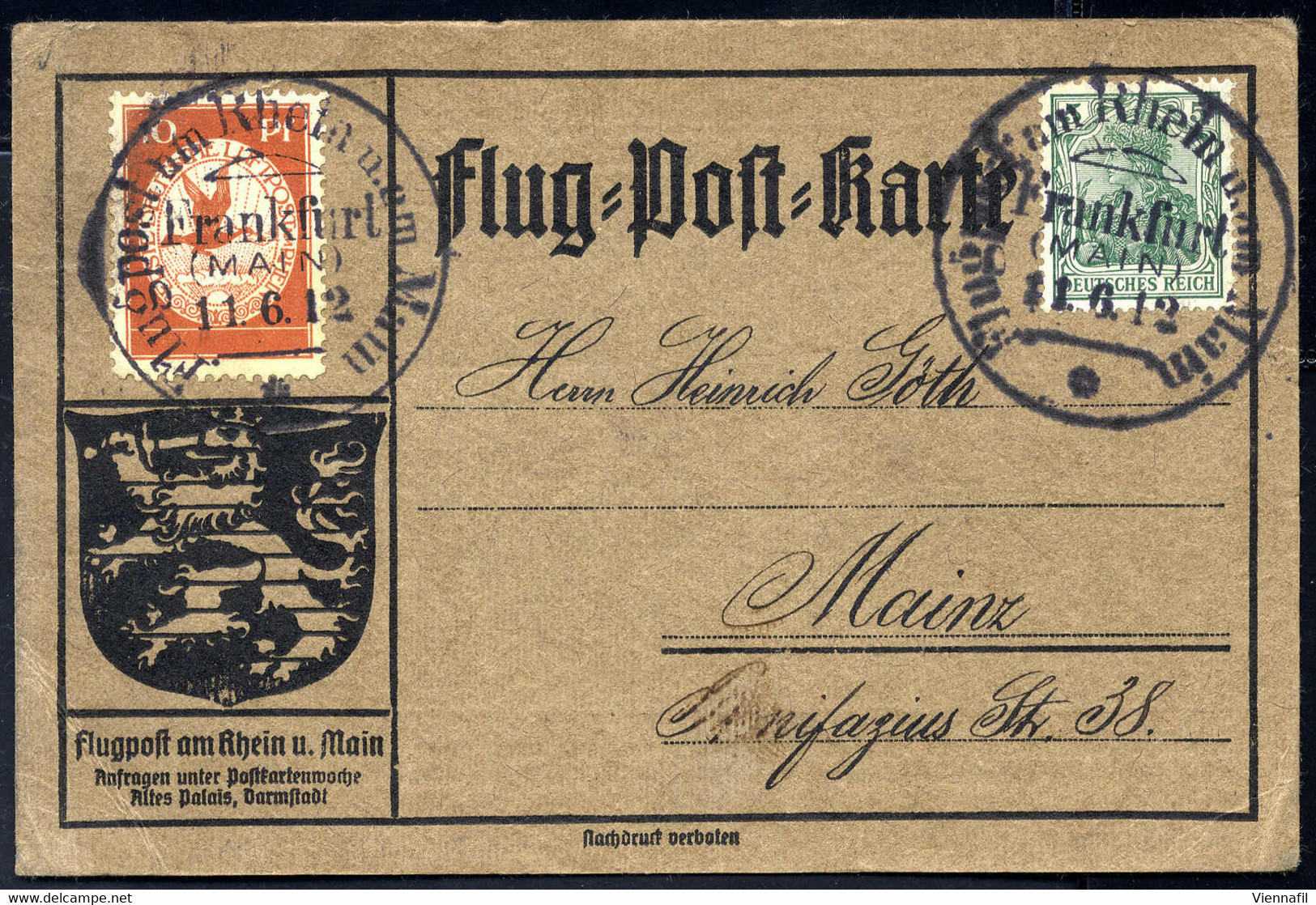 Cover 1912, Flugpost Am Rhein Und Am Main, Karte Von Frankfurt 11.6.1912 Nach Mainz Mit Mi. 85I + I Frankiert (Mi. 10) - Posta Aerea