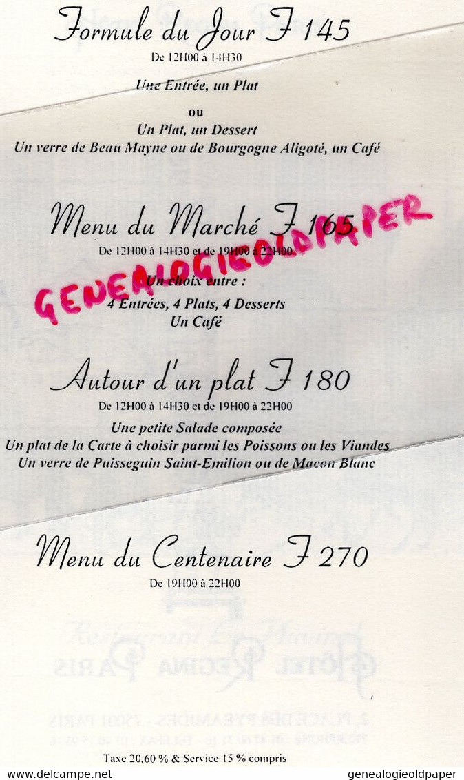 75- PARIS- RARE MENU HOTEL REGINA-2 PLACE PYRAMIDES- RESTAURANT LE PLUVINEL - Menus