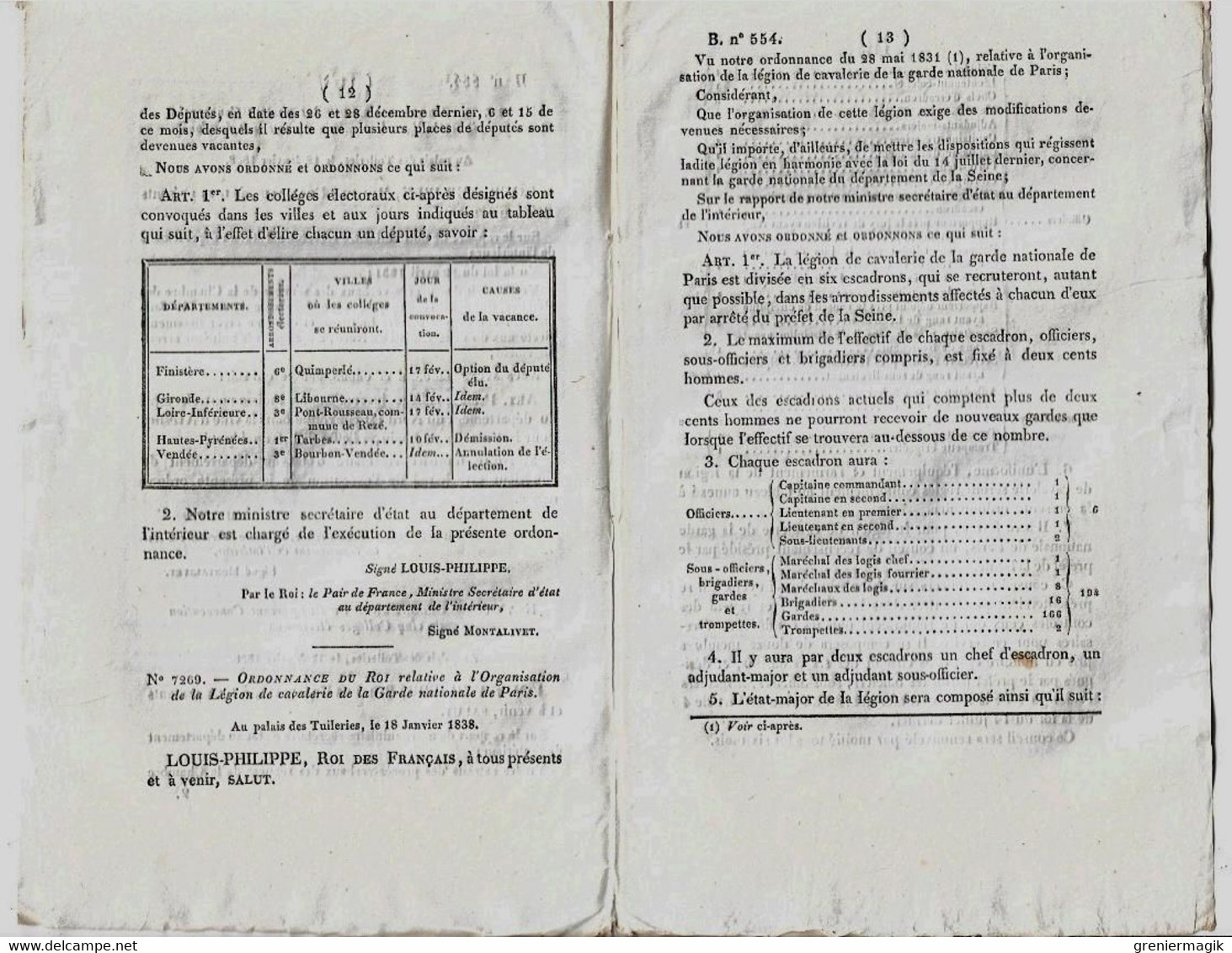 Bulletin Des Lois N°554 1838 Organisation De La Légion De Cavalerie De La Garde Nationale De Paris/Garde à Cheval... - Decrees & Laws