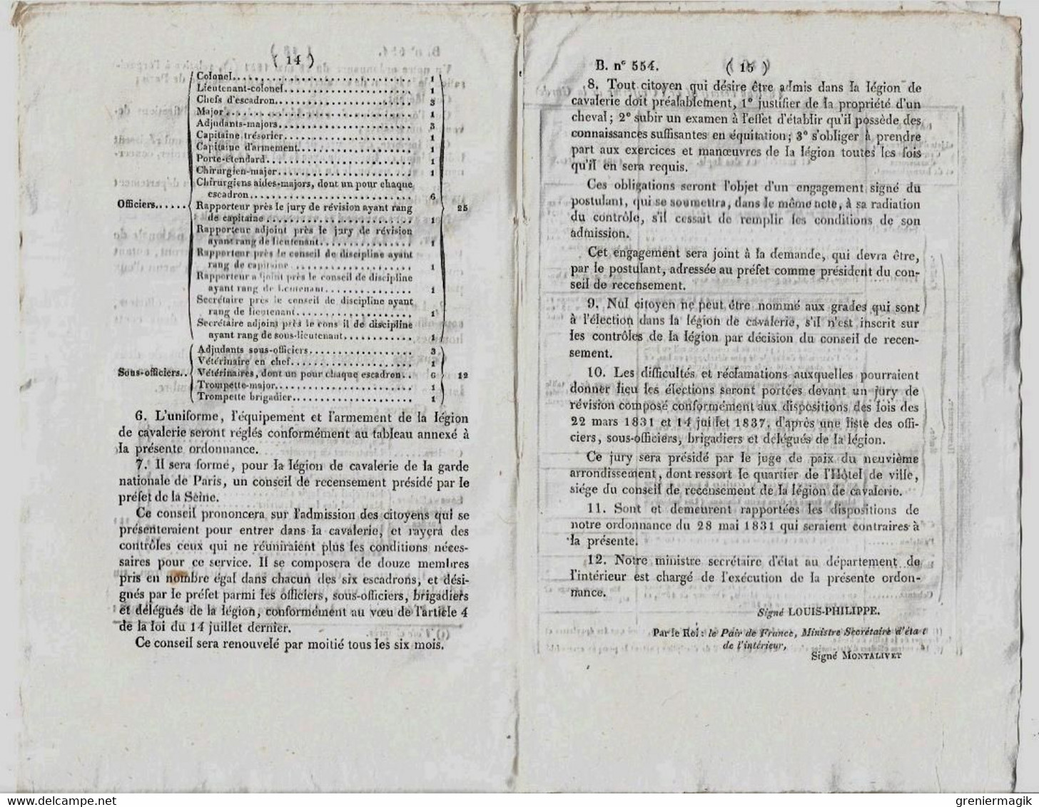 Bulletin Des Lois N°554 1838 Organisation De La Légion De Cavalerie De La Garde Nationale De Paris/Garde à Cheval... - Wetten & Decreten