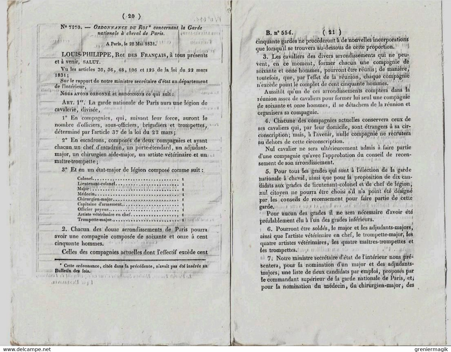 Bulletin des lois n°554 1838 Organisation de la Légion de cavalerie de la Garde nationale de Paris/Garde à cheval...