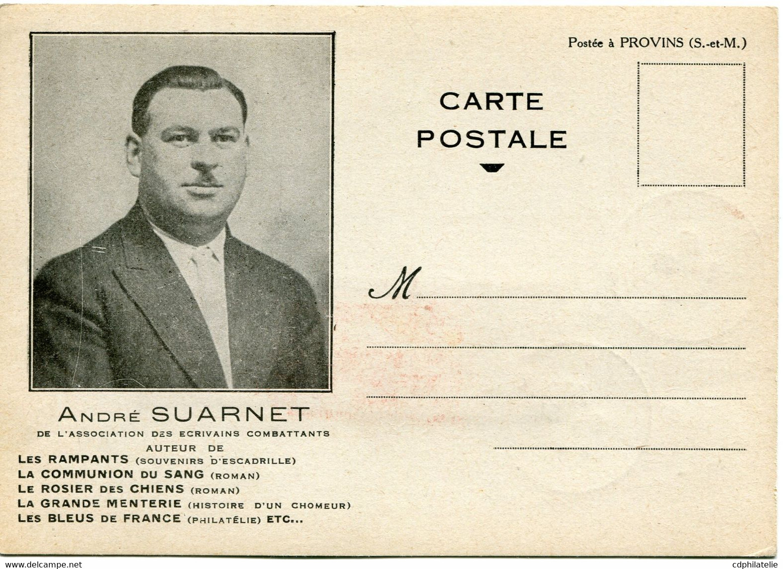 FRANCE CARTE POSTALE -ANDRE SUARNET AVEC AU DOS LE N°341 AVEC OBLITERATION CONGRES DES CHEMINS DE FER 10-6-37 PARIS 1937 - Ecrivains