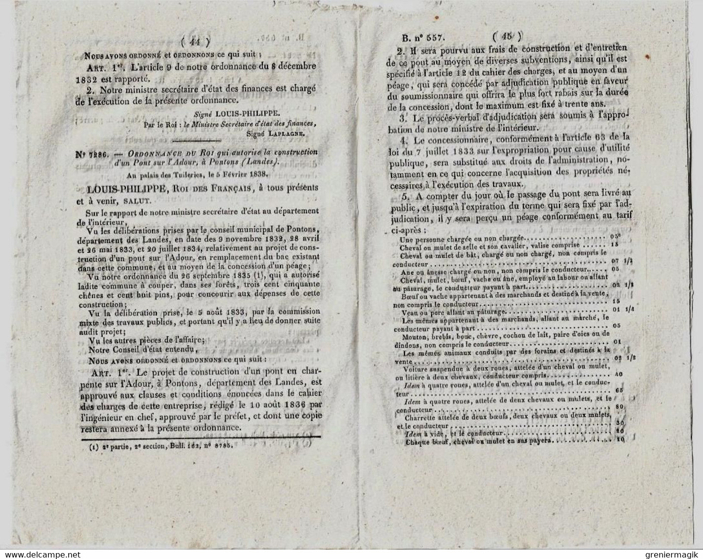 Bulletin Des Lois N°557 1838 Construction Du Pont Sur L'Adour à Pontonx (Landes -Tarif Du Péage)/Sebastiani Horace Corse - Decrees & Laws