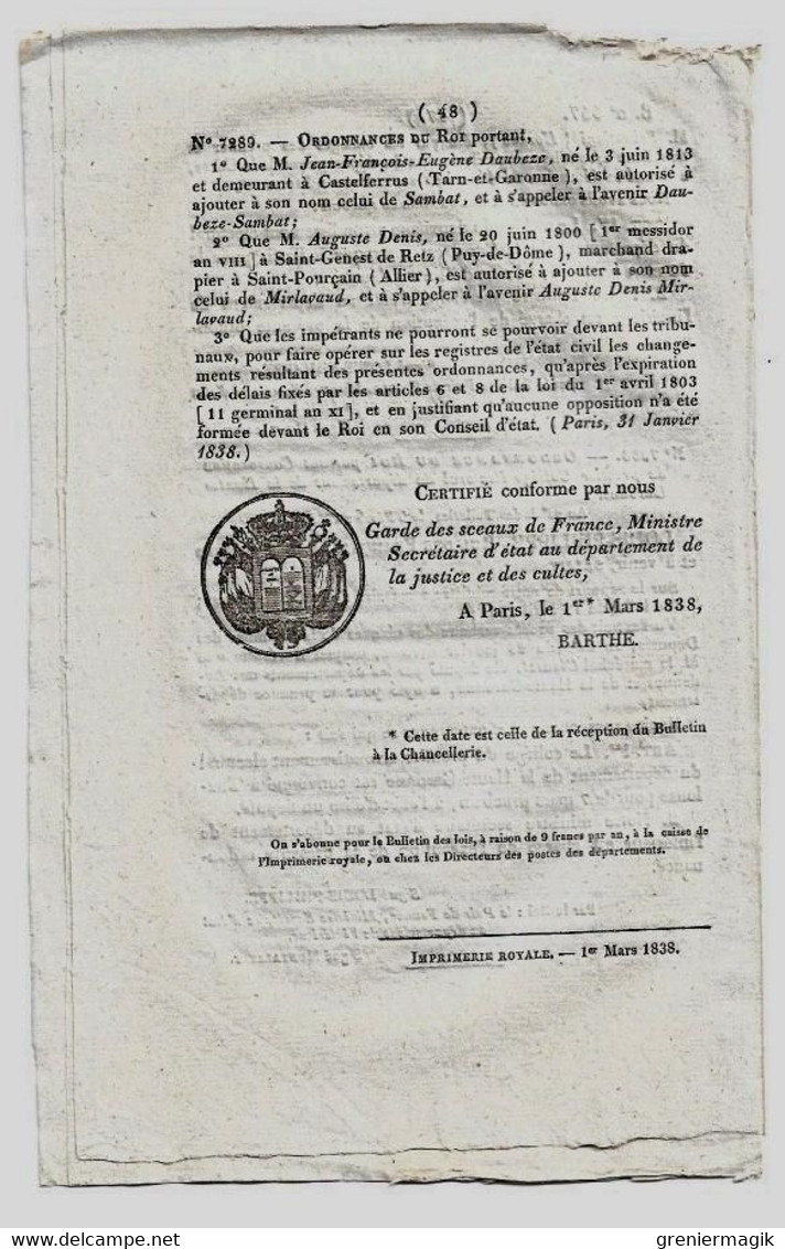 Bulletin Des Lois N°557 1838 Construction Du Pont Sur L'Adour à Pontonx (Landes -Tarif Du Péage)/Sebastiani Horace Corse - Decrees & Laws