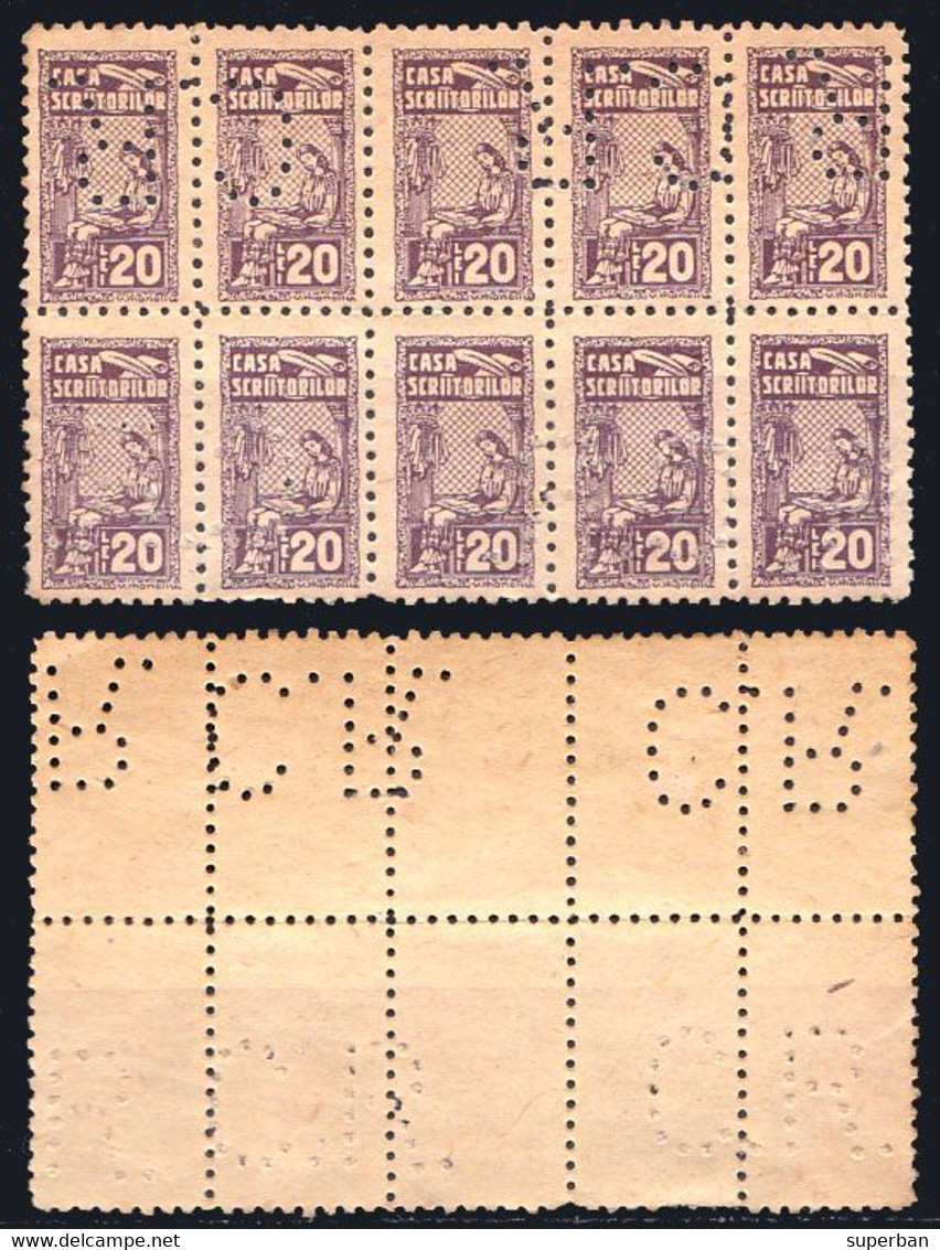 ROMANIA - CINDERELLA : CASA SCRIITORILOR - LEI 20 X 10 / BLOC NEOBLITERAT Cu PERFIN : CARTEA ROMÂNEASCA ~ 1939 (ah738) - Revenue Stamps