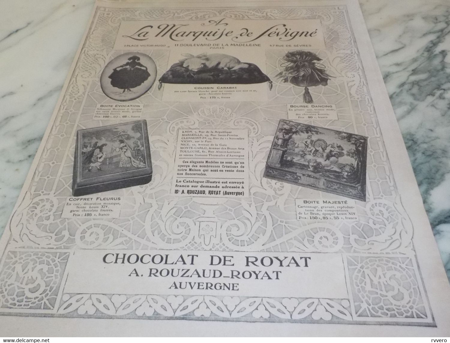 ANCIENNE PUBLICITE CHOCOLAT DE ROYAT LA MARQUISE DE SEVIGNE  1921 - Afiches