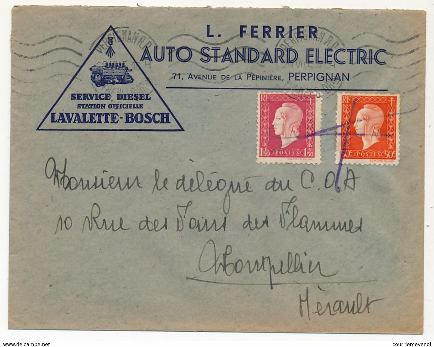 FRANCE - Env. En-tête "L.FERRIER Auto Standard Electric - Perpignan" 1945 Affr. Dulac - Cars