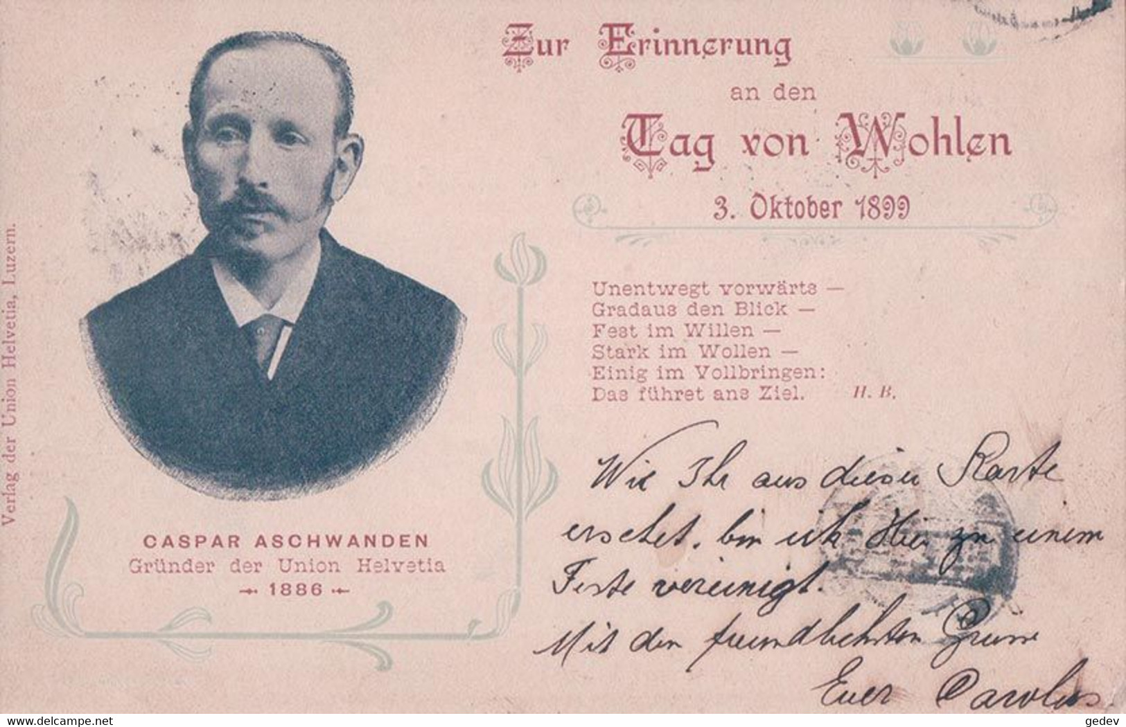 Zur Erinnerung An Den Tag Von Wohlen, Portrait, Gaspar Aschwanden Gründer Der Union Helvetia (3.10.1899) - Wohlen
