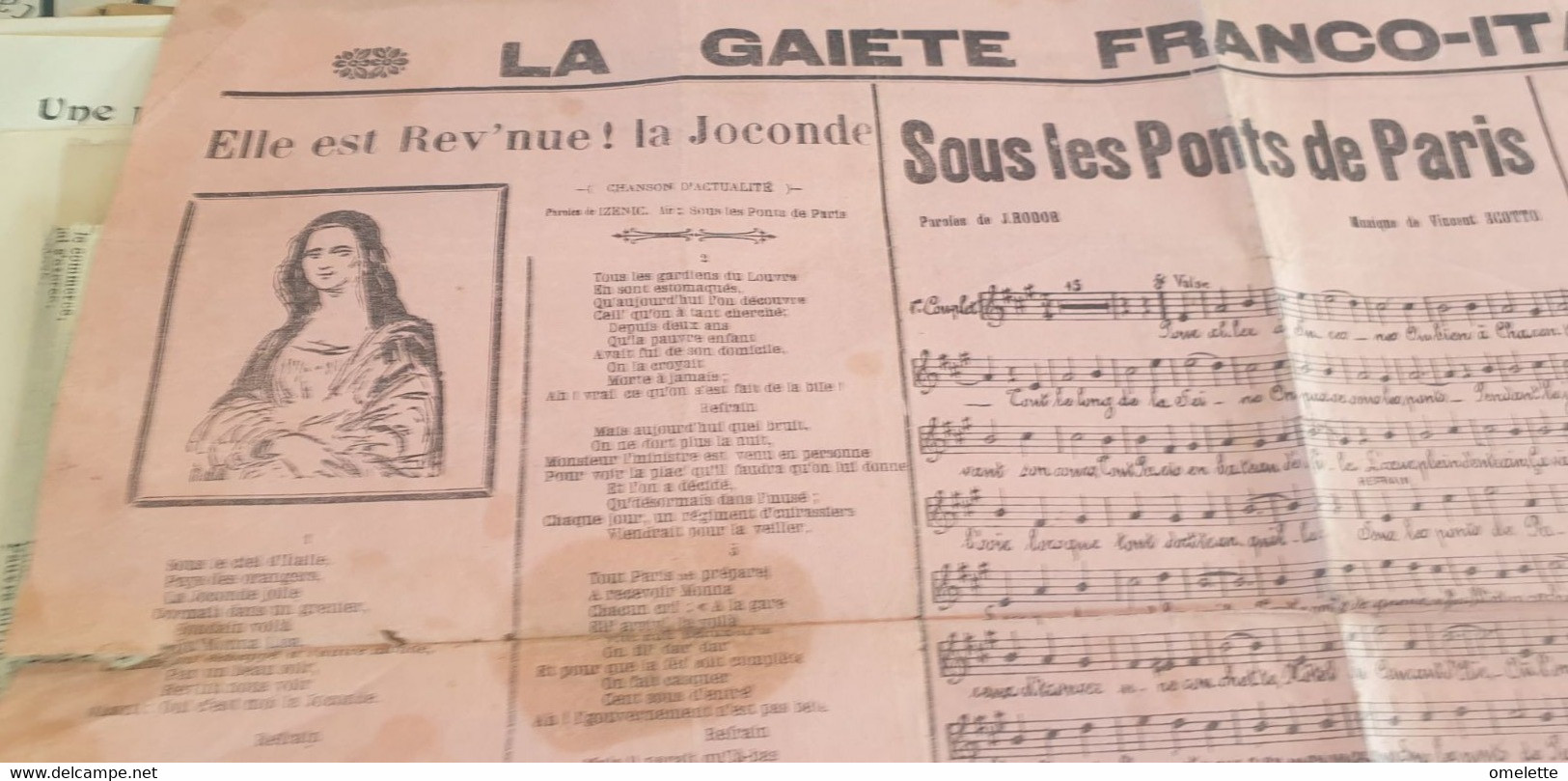 CHANSON SOCIALE  POLITIQUE/ ELLE EST REVENUE LA JOCONDE/ CEST M POINCARE /LA MORTALITE DANS L ARMEE - Partitions Musicales Anciennes