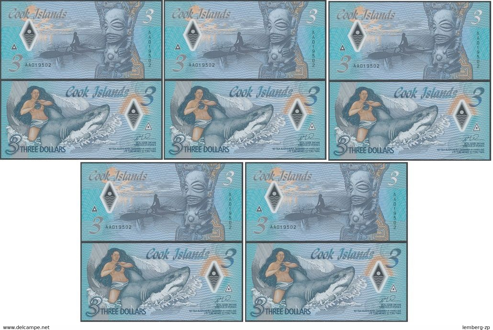 Cook Islands - 5 Pcs X 3 Dollars 2021 UNC Polymer Lemberg-Zp - Cook Islands