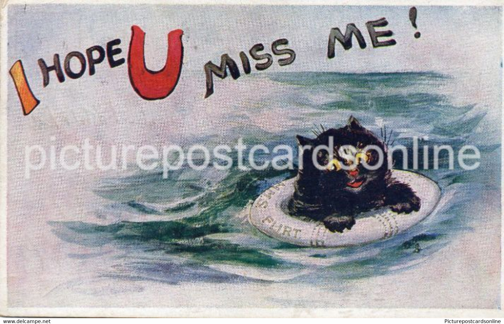 I HOPE U MISS ME OLD COLOUR POSTCARD BLACK CAT IN LIFE RING HMS FLIRT TUCK SERIES 3140 - Chats