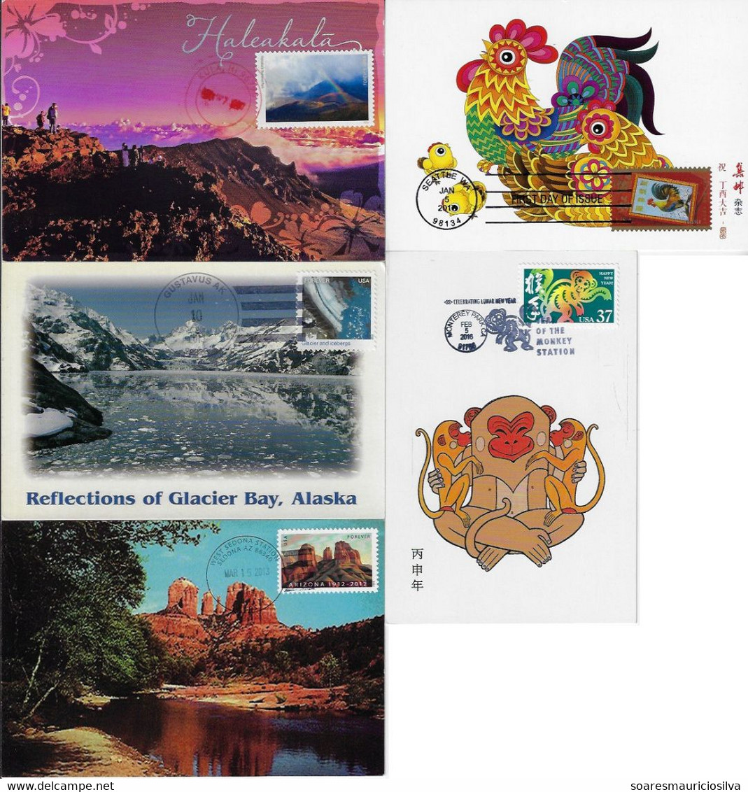 United States 2012/17 5 Maximum Card Glacier Bay And Icebergs Year Of The Monkey Rooster Arizona And Haleakalām Volcano - Maximumkaarten