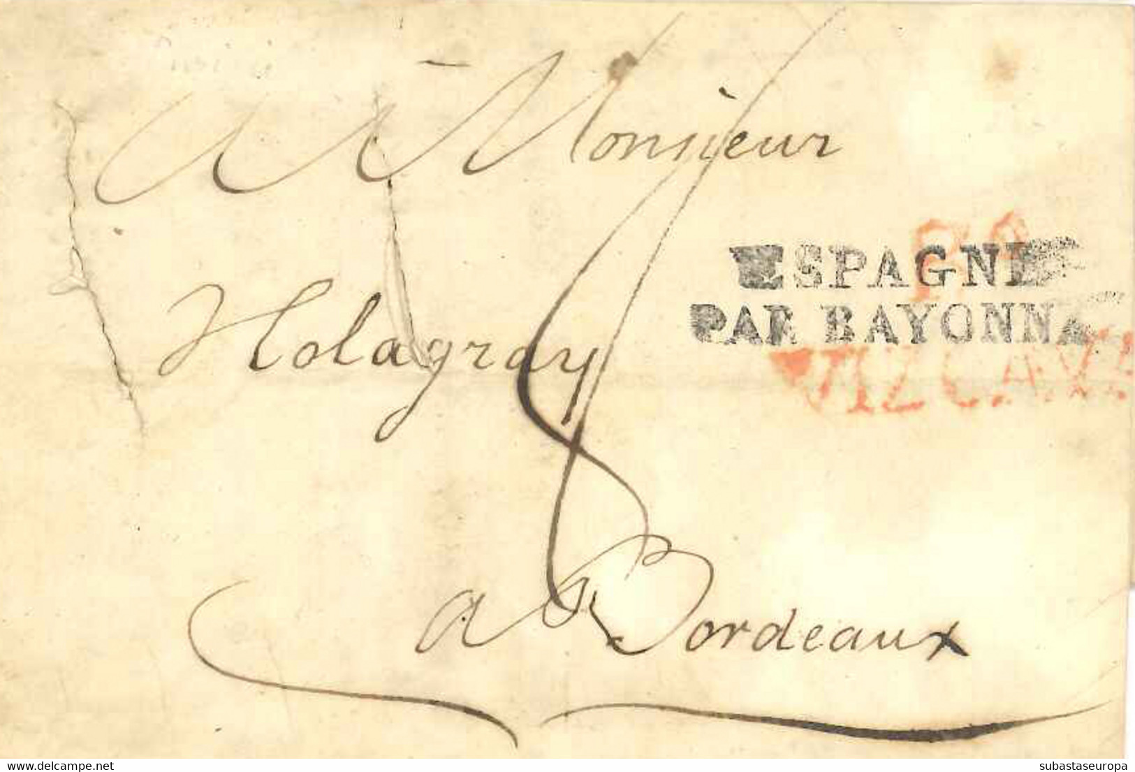 D.P. 11. 1822 (14 JUL). Carta De Bilbao A Bordeaux (Francia). Marcas Nº 15R Y ESPAGNE PAR BAYONNE. Cortes De Desinfecció - ...-1850 Prefilatelia