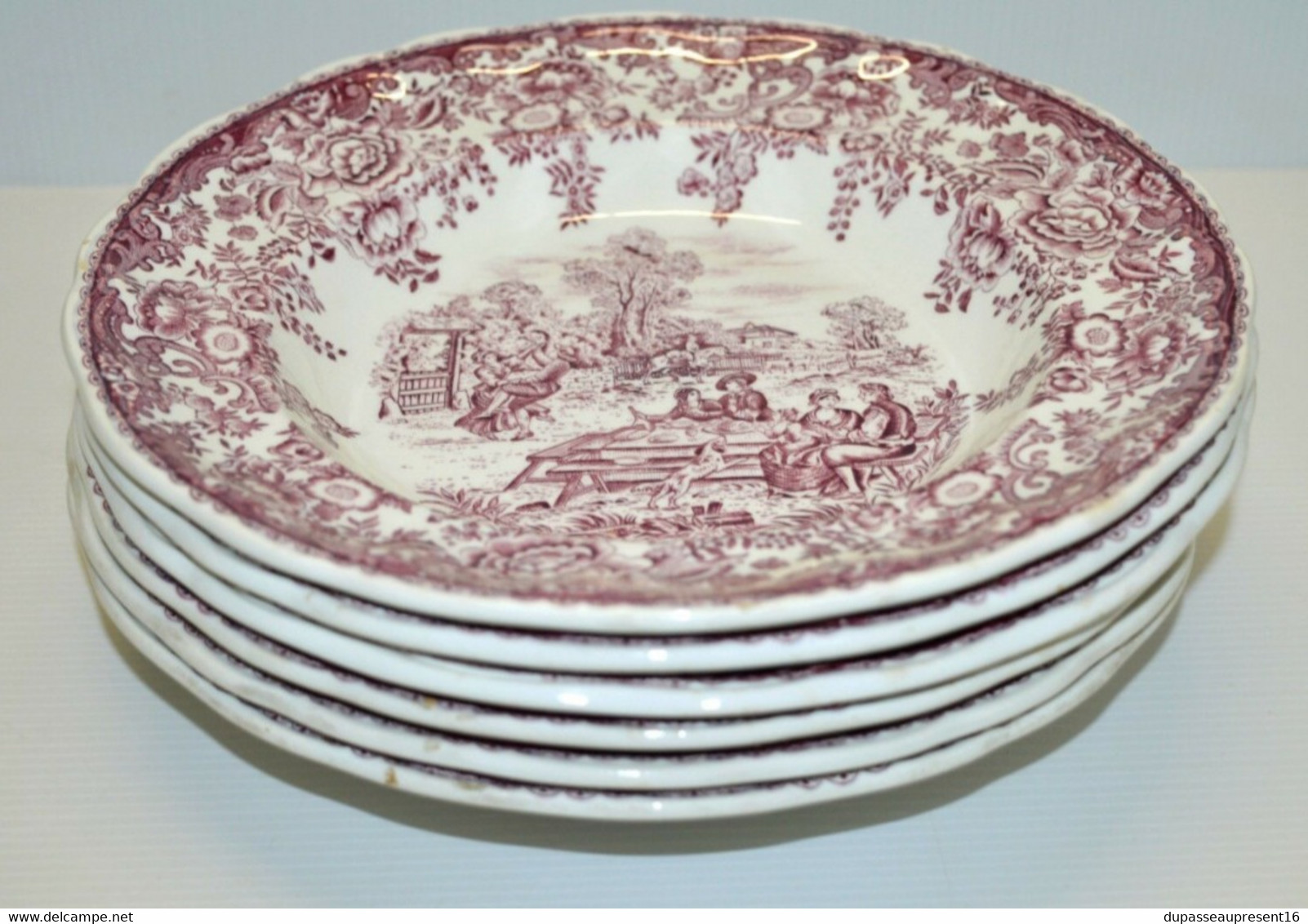 6 ASSIETTES CERAMIQUE LUNEVILLE DEMI CREUSES XXe Vieux rose décor fête Campagne déco table collection