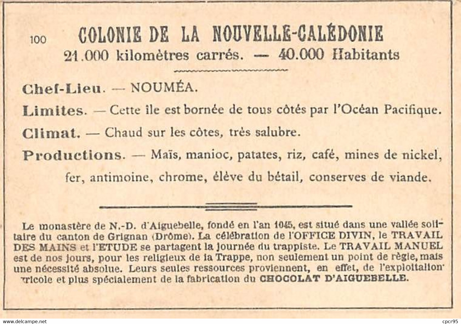 Chromos.AM14608.6x9 Cm Environ.Chocolat Aiguebelle.N°100.Carte Nouvelle Calédonie.Nouméa.St Louis - Aiguebelle