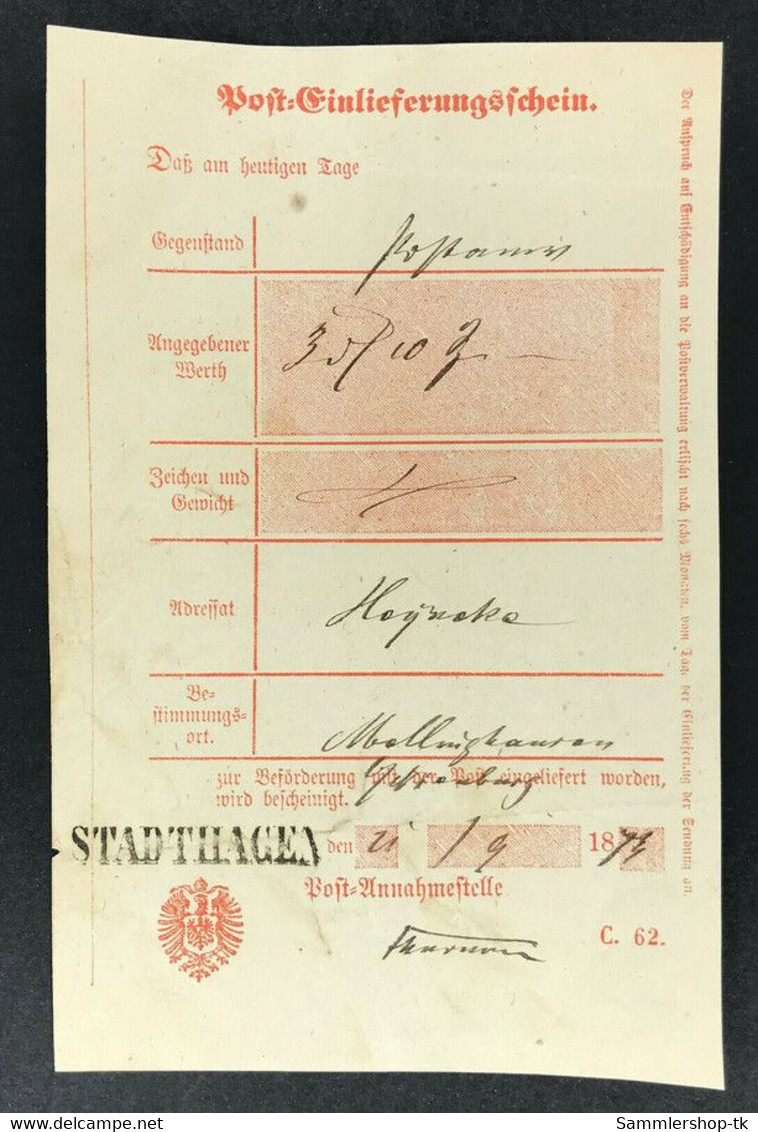 Posteinlieferungsschein 1873 Stadthagen - Other & Unclassified