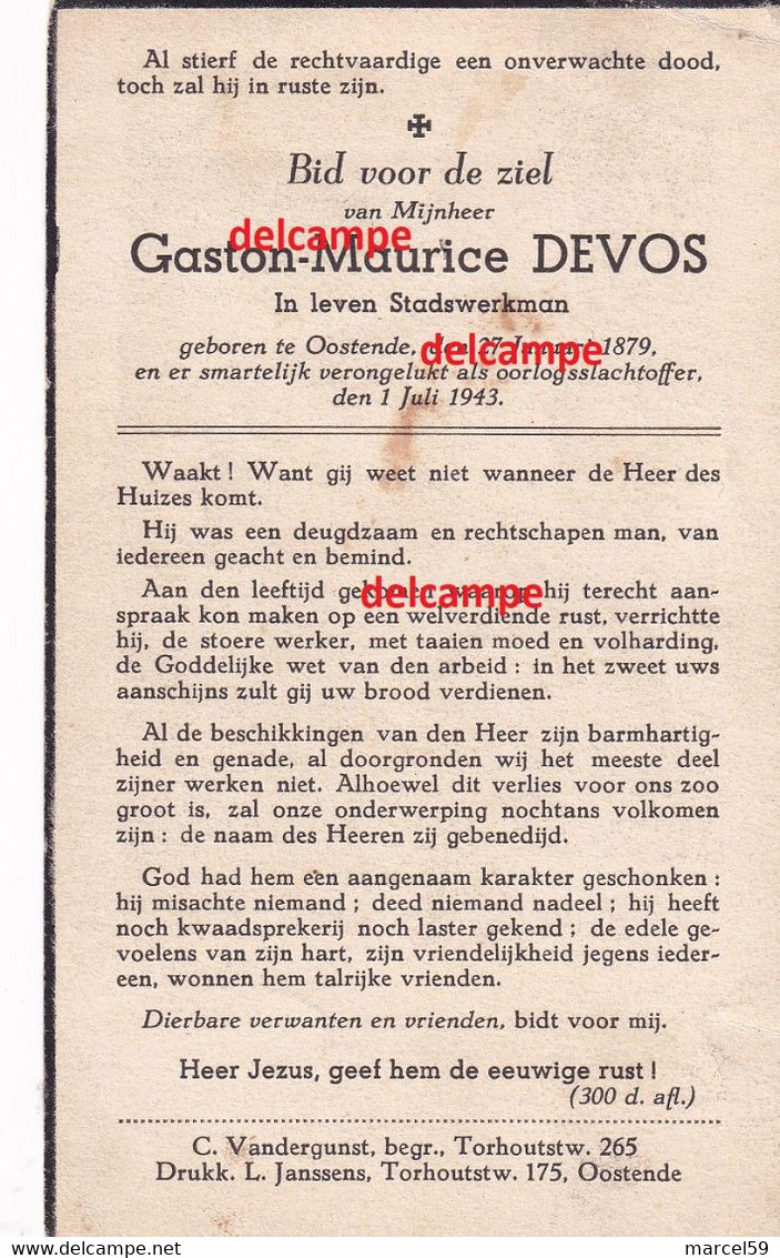 OORLOG GUERRE Gaston Devos Oostende Gesneuveld Bombardement Aldaar Juli 1943 Stadswerkman - Imágenes Religiosas