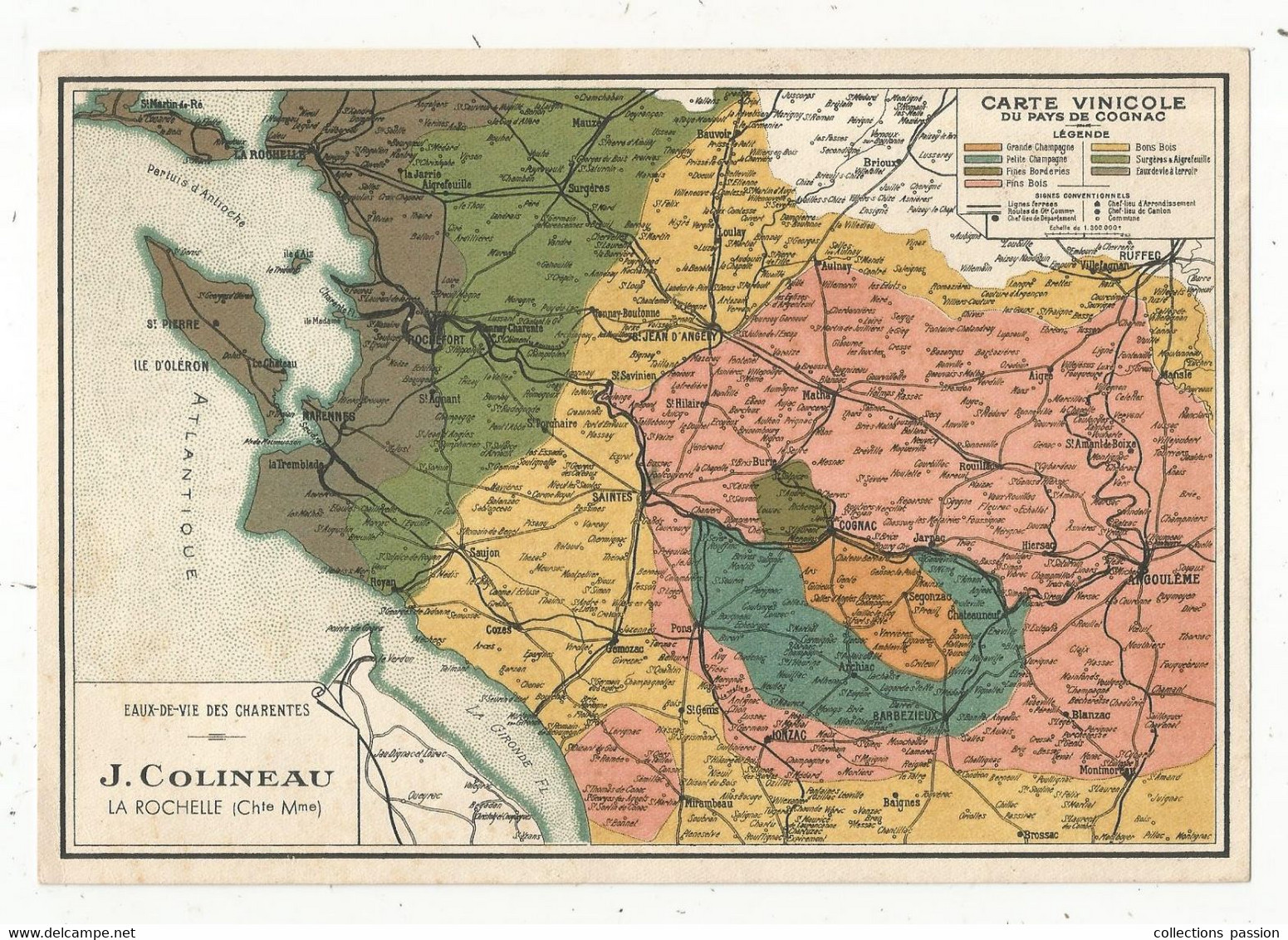 Cp, 200 X 140 Mm , Publicité ,eaux De Vie Des Charentes,J. Colineau,LA ROCHELLE ,  Carte Vinicole Du Pays De Cognac - Werbepostkarten