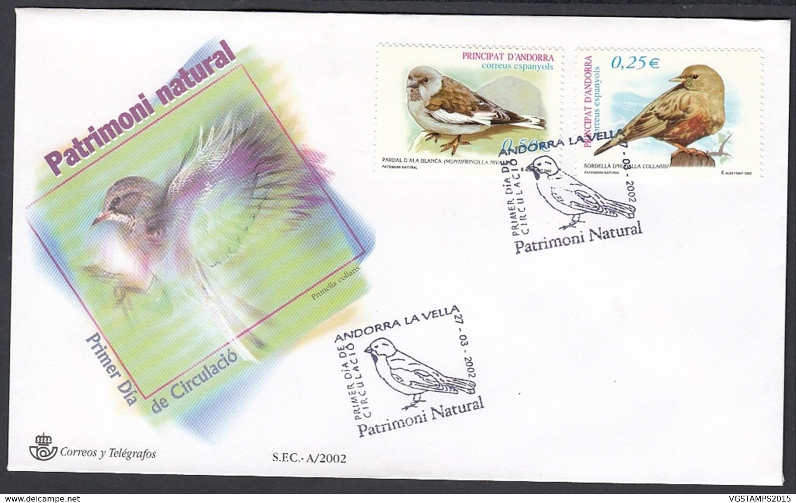 Andorre  2002 - Andorre Espagnole-  FDC. Yvert  Nº 277/8. Theme:: Oiseaux...........  (EB) DC-10013 - Andorre