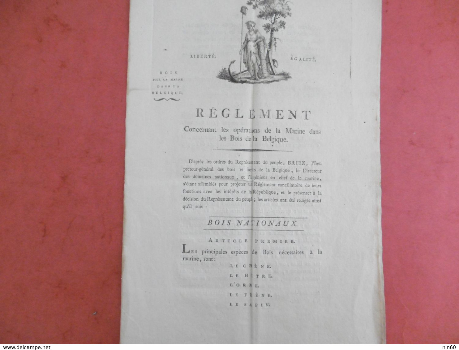 REGLEMENT Opérations De La MARINE Dans Les Bois De BELGIQUE Bruxelles 12 Pluviose AN 3, Signé Briez - Decrees & Laws