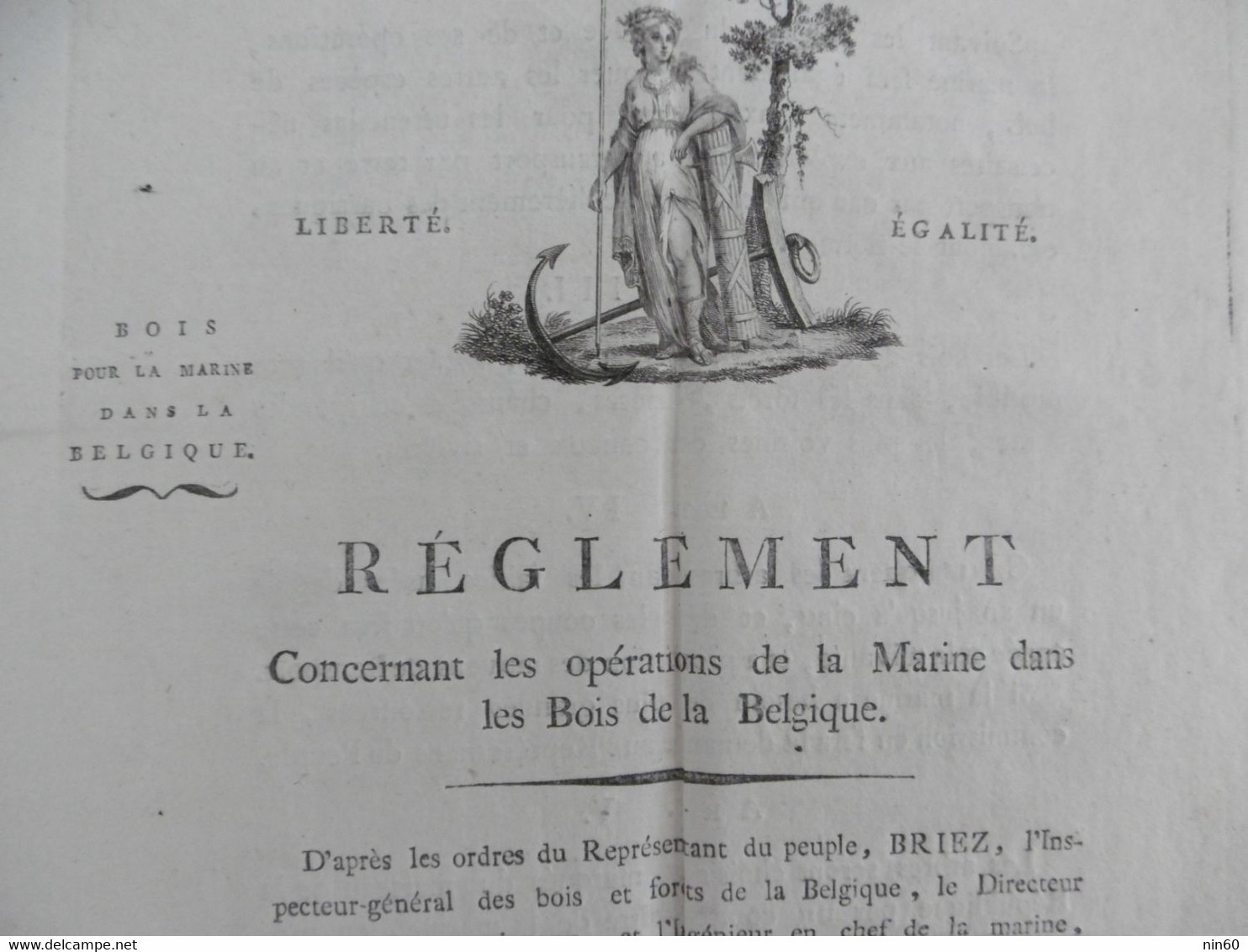 REGLEMENT Opérations De La MARINE Dans Les Bois De BELGIQUE Bruxelles 12 Pluviose AN 3, Signé Briez - Decrees & Laws