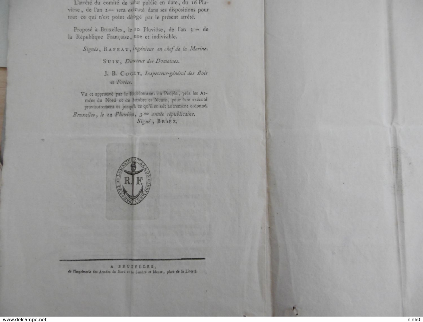 REGLEMENT Opérations De La MARINE Dans Les Bois De BELGIQUE Bruxelles 12 Pluviose AN 3, Signé Briez - Decrees & Laws