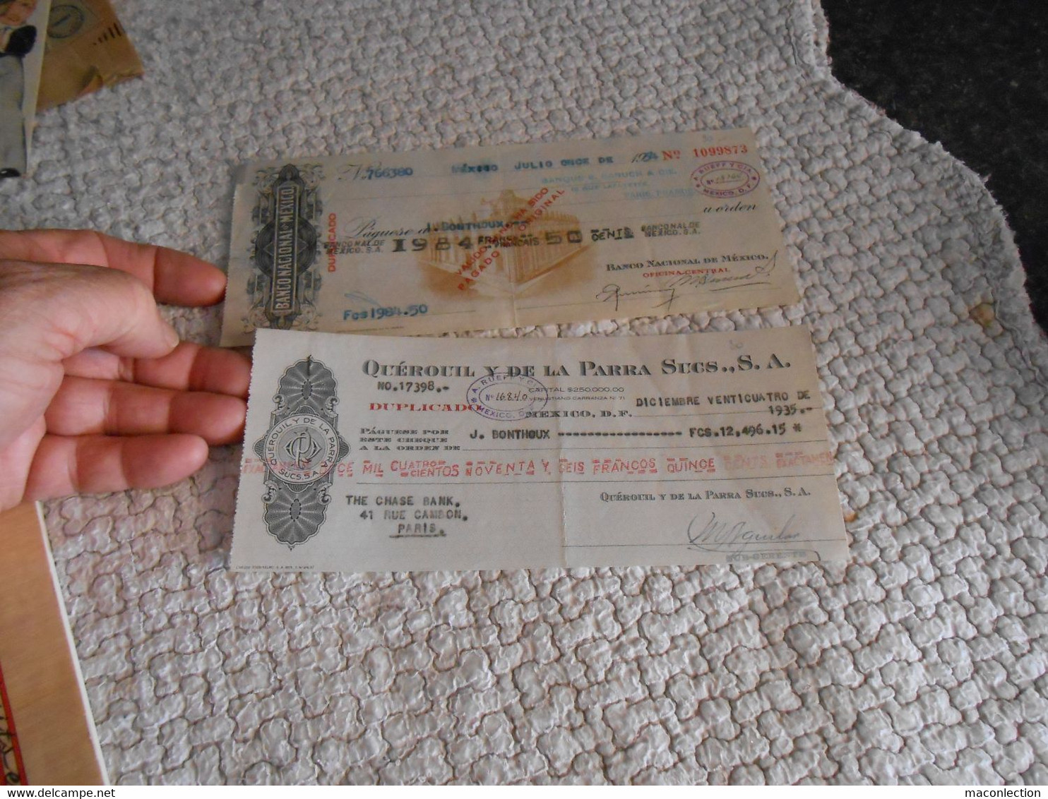 Anciens Chèque Billet Banco Nacional De Mexico 1934 - Querouil Y De La Parra Sucs S A 1935 - Other - America