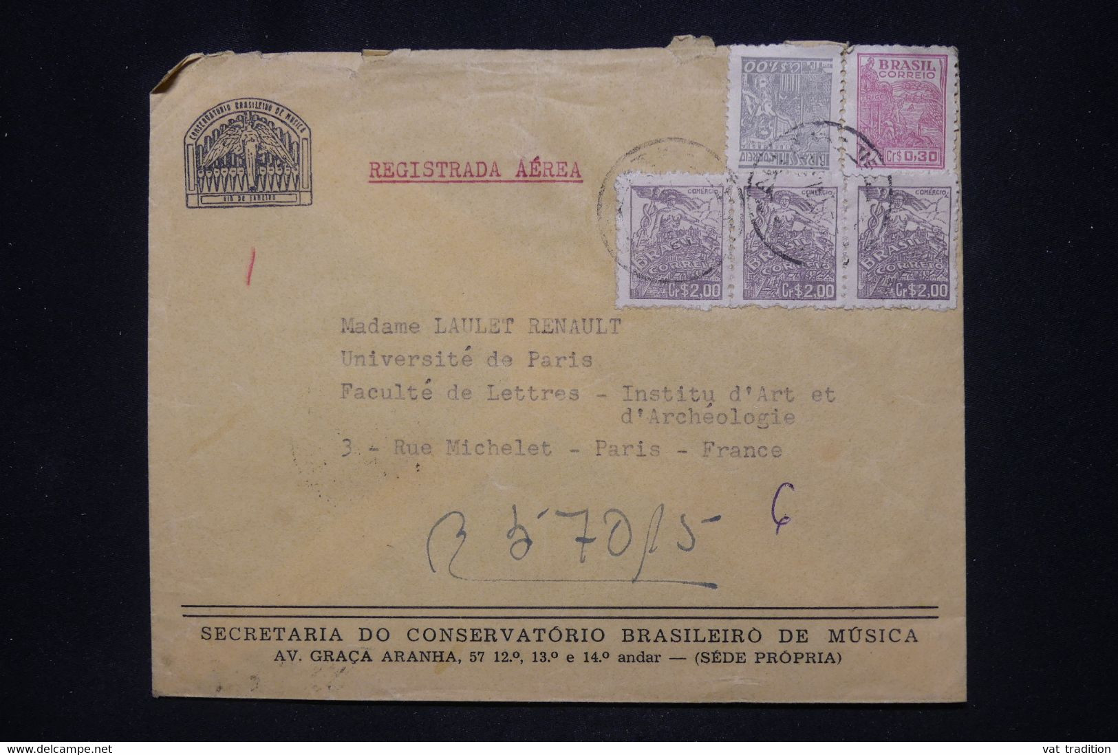 BRÉSIL - Enveloppe Du Conservatoire De Rio De Janeiro En Recommandé Pour La France - L 101751 - Storia Postale