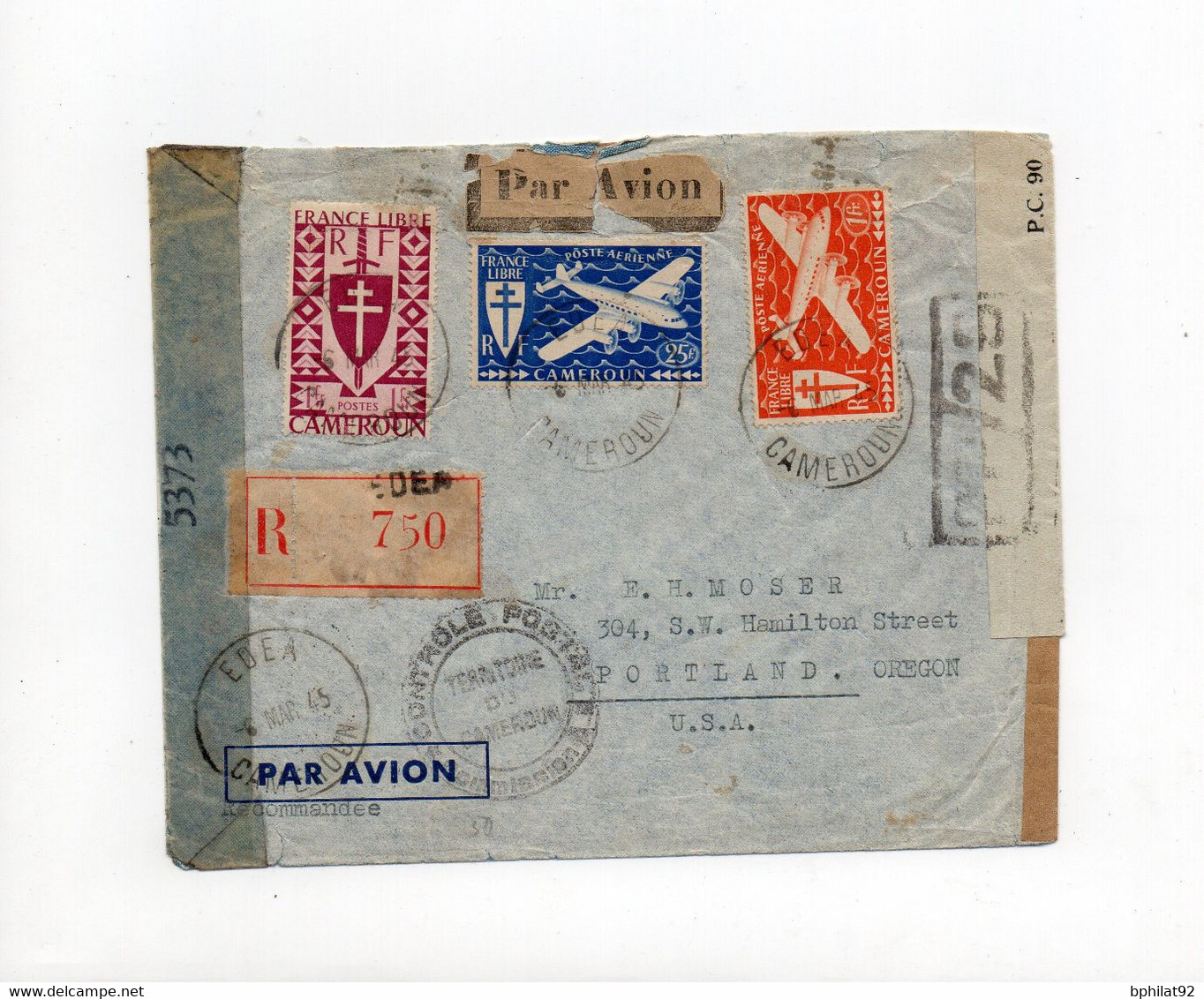 !!! LETTRE PAR AVION D'EDEA POUR LES USA DE 1945, AVEC CENSURES DU CAMEROUN ET AMERICAINE - Brieven En Documenten