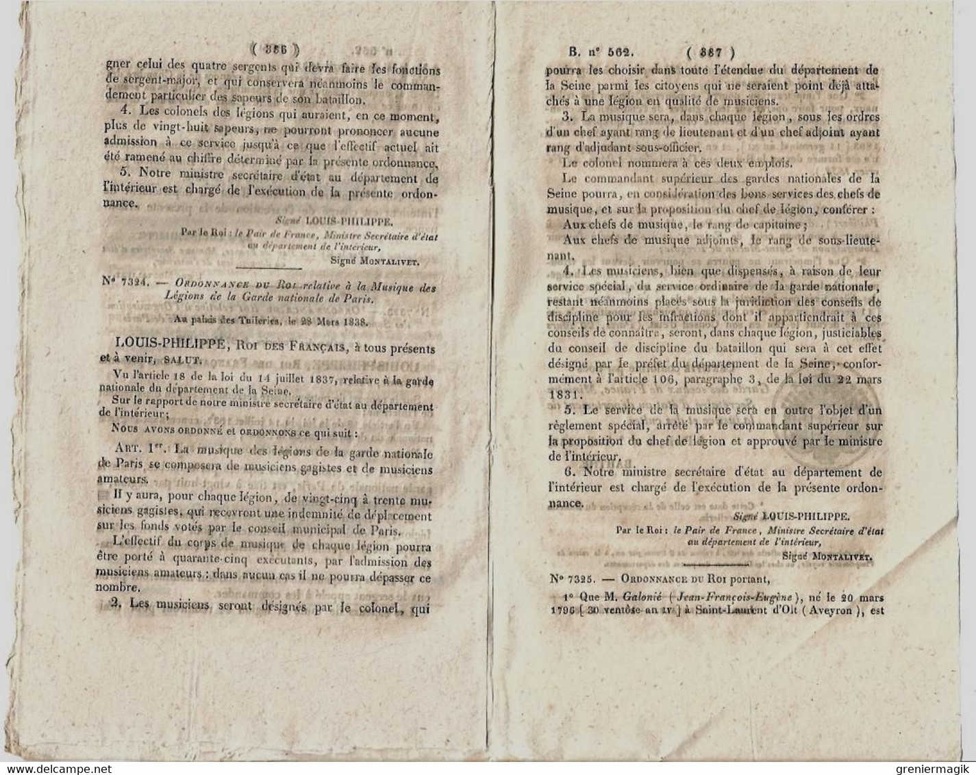 Bulletin Des Lois N°562 1838 Sapeurs-porte-haches De La Garde Nationale De Paris/Musique Des Légions../Emile De Girardin - Decreti & Leggi